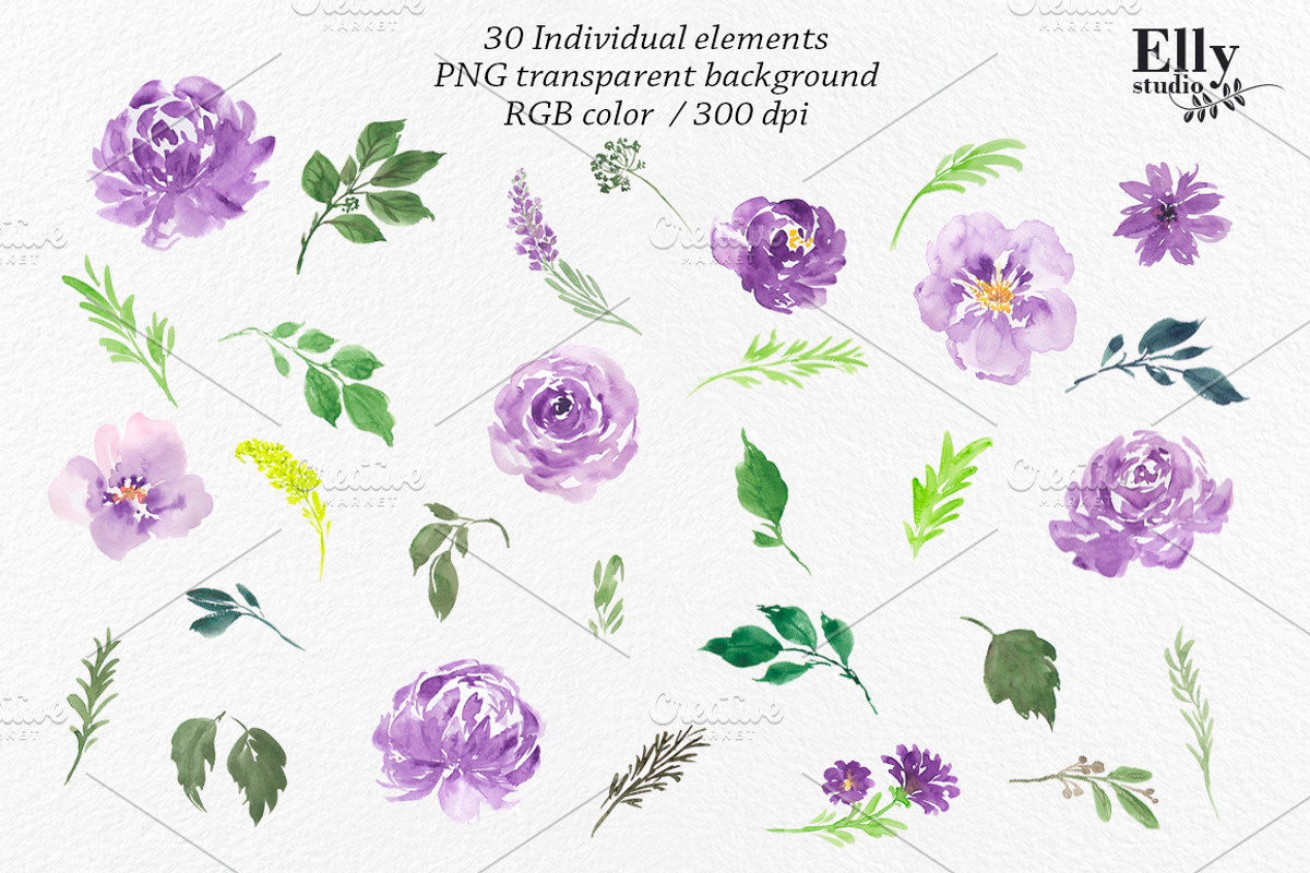 Purple Watercolor Flowers Clip Art, an Illustration by Elly Studio (Photo 6 of 7)