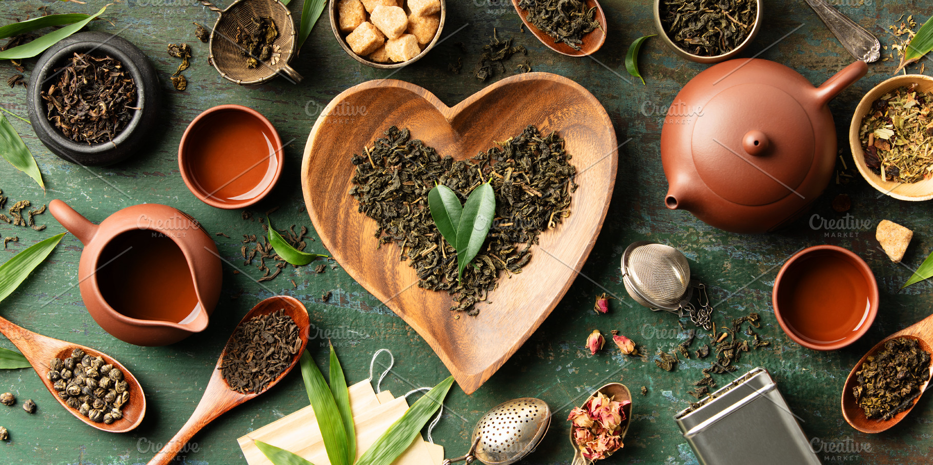 Tea Ritual Flat Lay with Heart-Shaped Elements, Teaware, and Nat, a Food & Drink Photo by Natalia Klenova's Shop