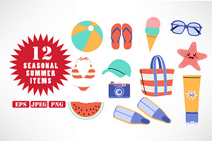 12 Summer Stickers Set Beach Items