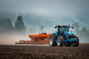 Blue tractor planting seeds in foggy, a Photo by Pixeness Studio