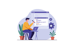 A man coding at a desk with plants i, an Illustration by designvectx