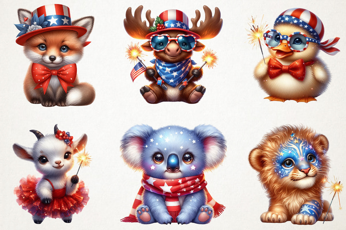 4th of July Cute Baby Animal Clipart, a Seasonal Illustration by RobertsArt (Photo 2 of 7)