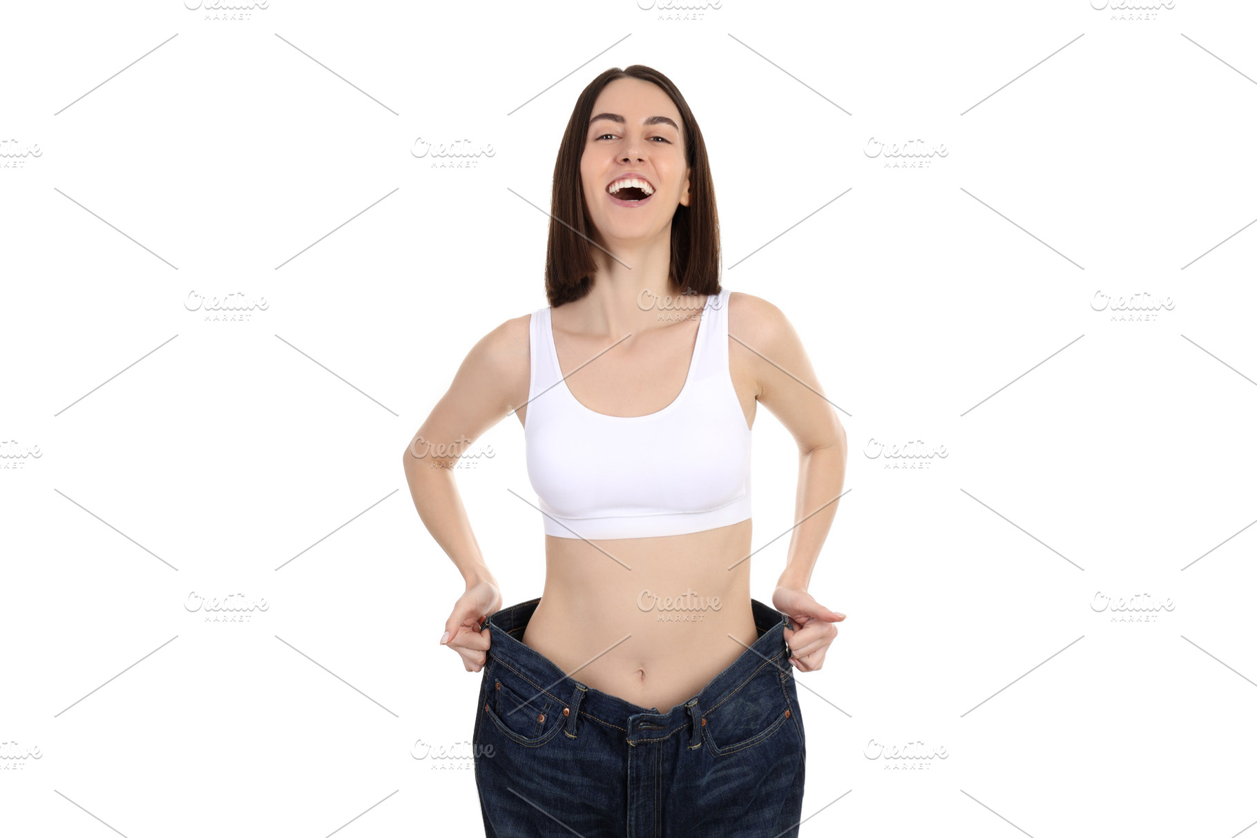 Concept of weight loss with thin girl, isolated on white backgro, a Person Photo by AtlasStudio PRO