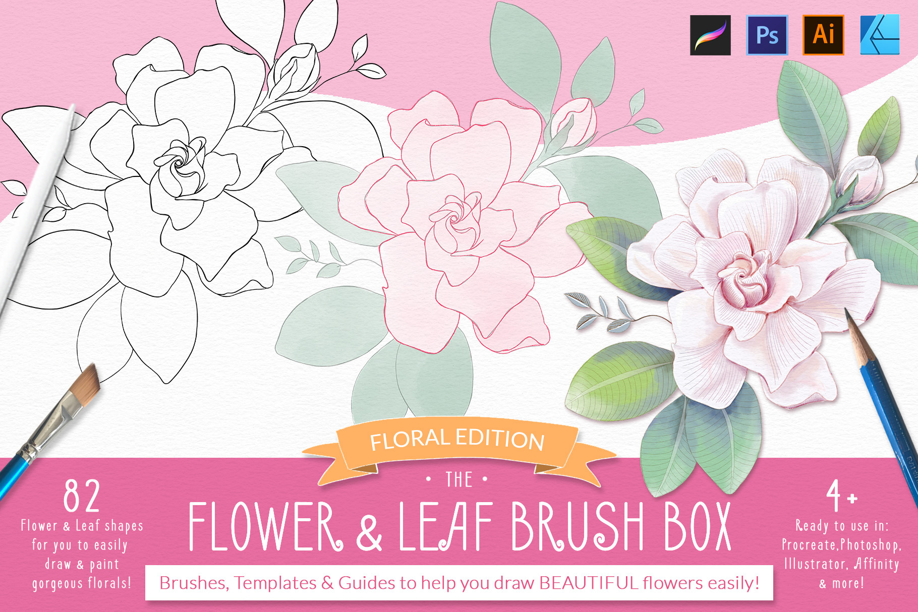 Procreate Flower & Leaf Brush Box, a Brush Add-On by Pretty Little Lines