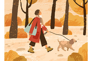 Woman walking dog in autumn park, an Animal Illustration by Good Studio