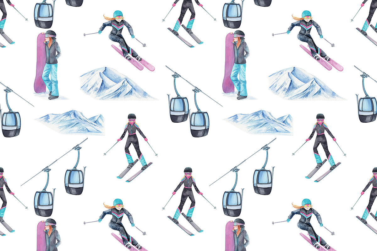 Mountain Lovers, skiing watercolor, an Illustration by s.yanyeva (Photo 7 of 7)
