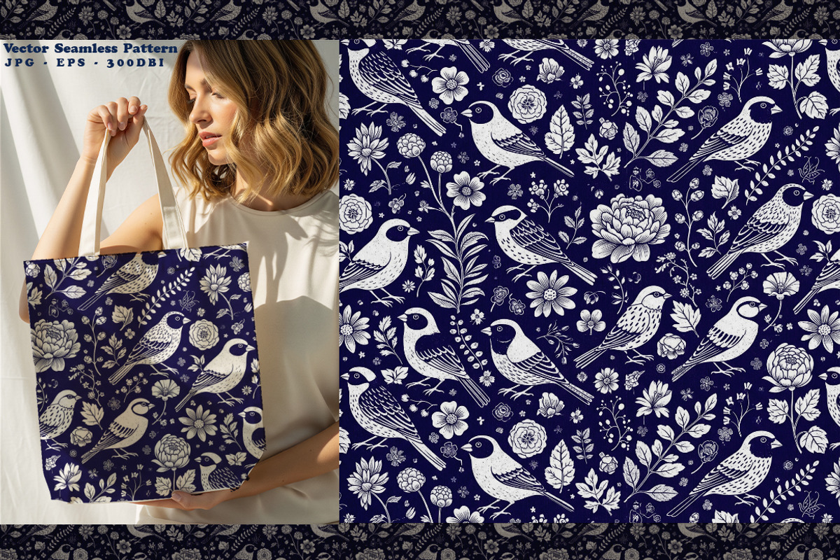 Indigo Folk Birds Seamless Vector, a Pattern Graphic by one-touch (Photo 8 of 10)