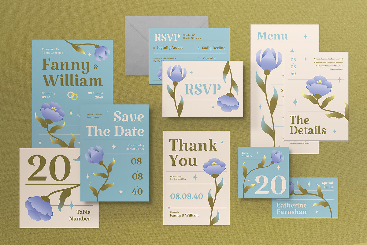 Blue Floral Wedding Set, an Invitation Template by graphicook (Photo 1 of 3)
