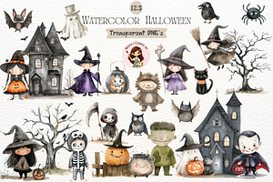 Watercolor Cute Halloween Cliparts =, an Illustration by Nicolle's Colorful Art