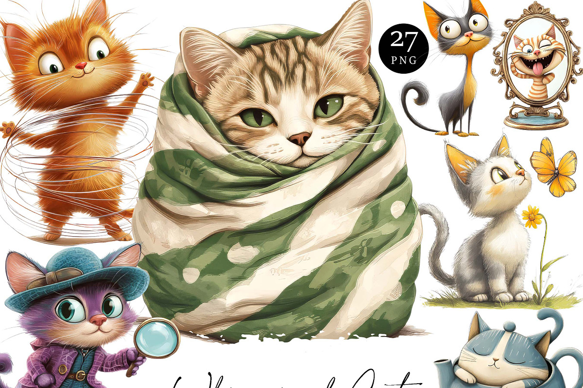 Watercolor Whimsical Cats Clipart, an Animal Illustration by Design Scotch (Photo 1 of 8)