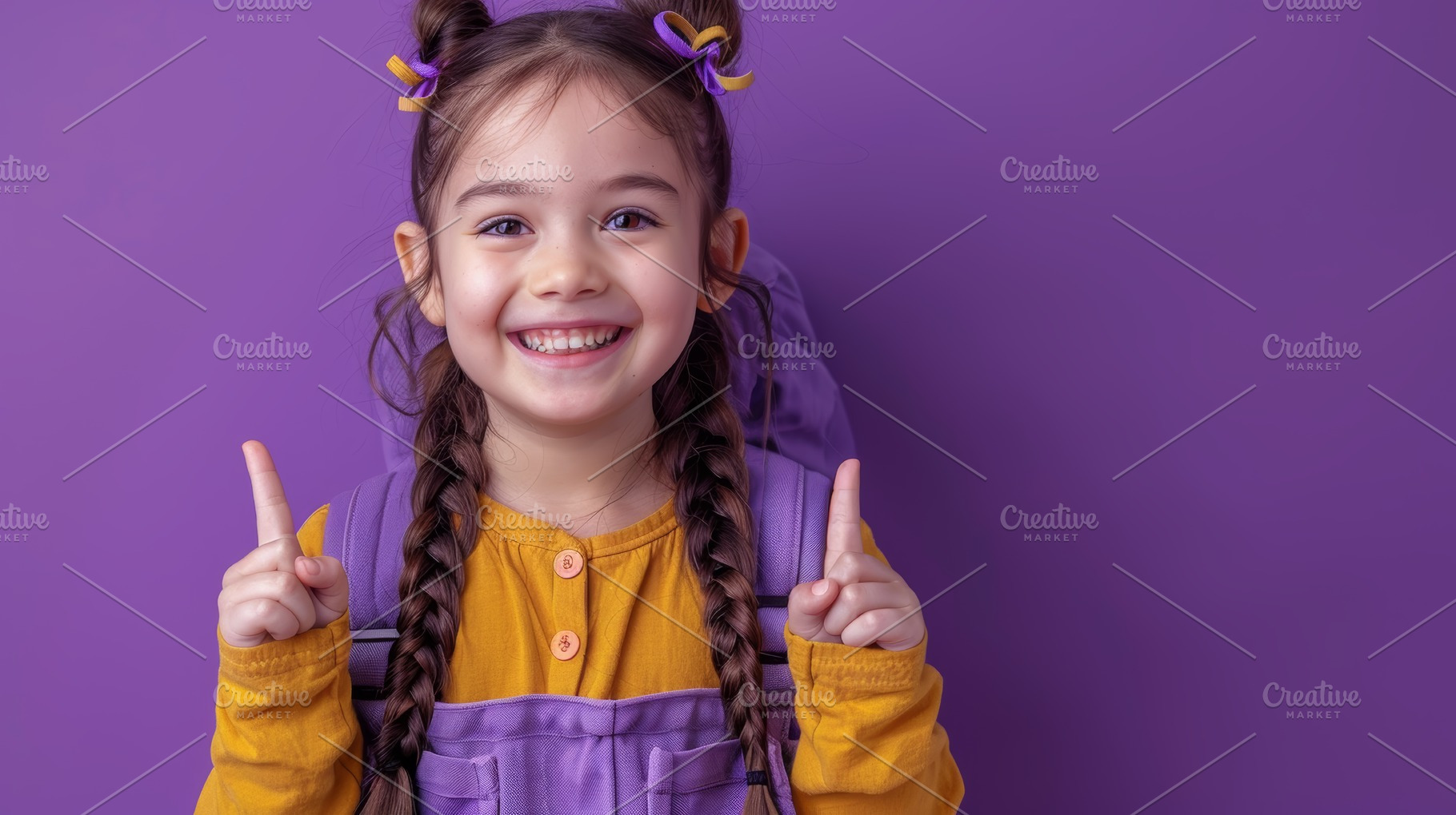 Cheerful Indian Schoolgirl in Purple Backpack Smiling over Purpl, a Photo by AS photostudio