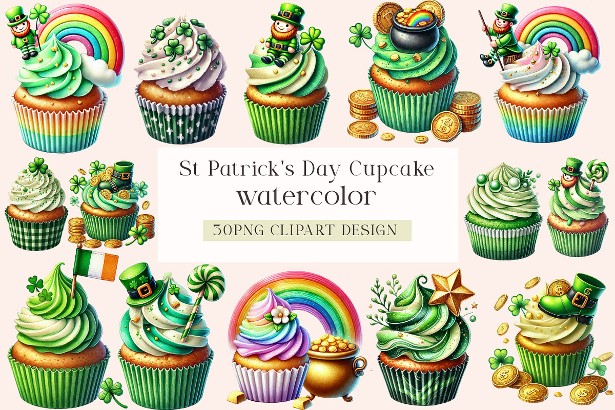 St Patrick's Day Cupcake Clipart, a Seasonal Illustration by DreamArtGraphic (Photo 1 of 5)