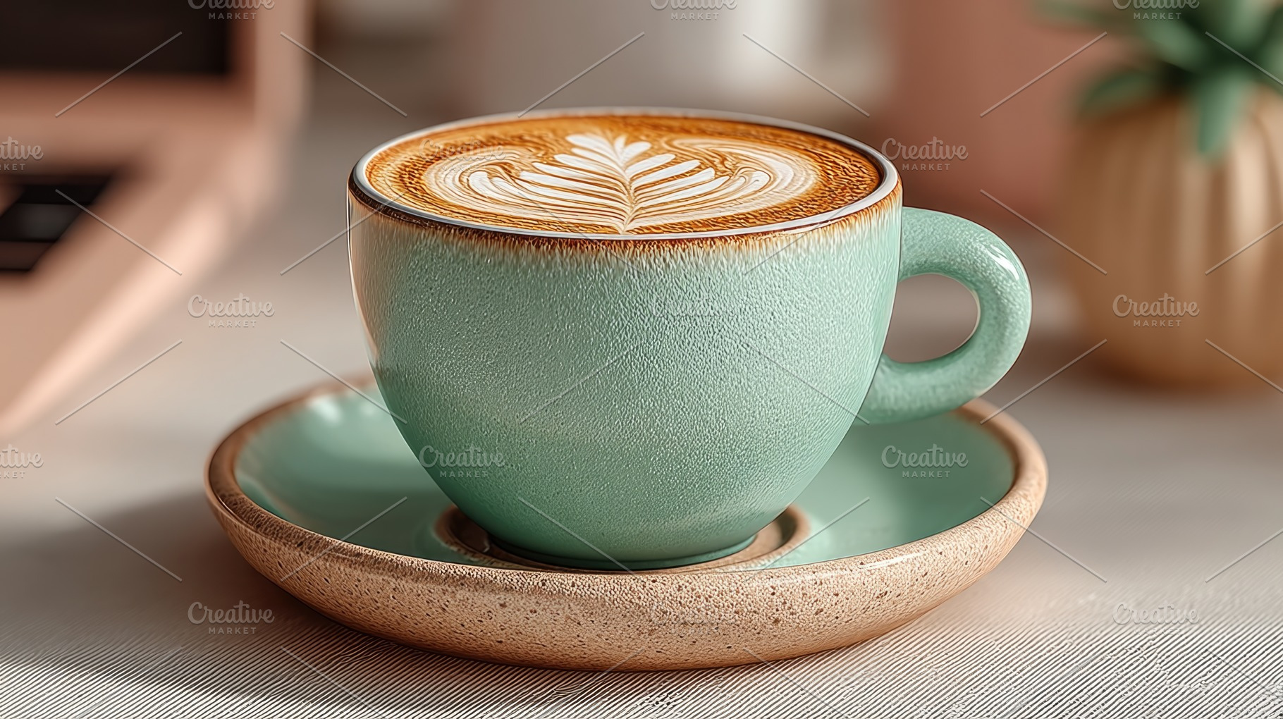 Mint Green Latte Art Coffee Cup in Cozy Home Office with Soft Na, a Food & Drink Photo by José Manuel Gelpi