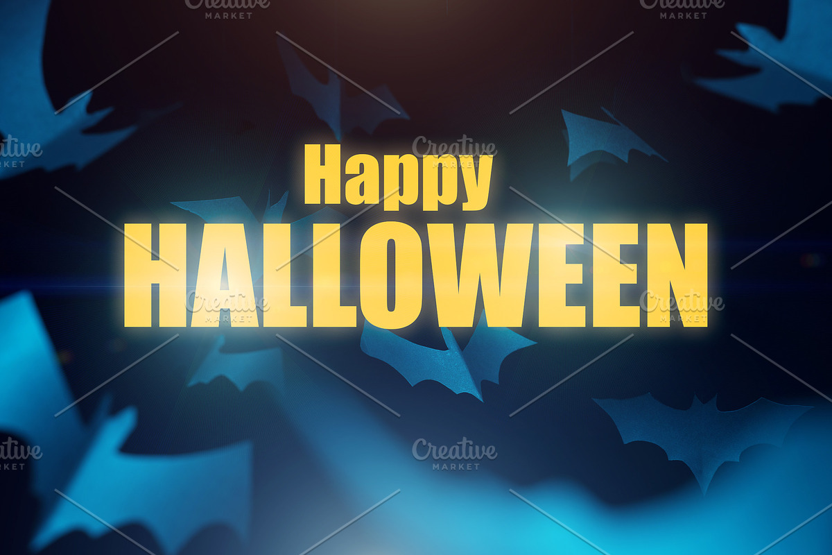 Halloween photo of blue paper bats on blank dark blue background., a Templates & Theme by Sergey Mironov's store