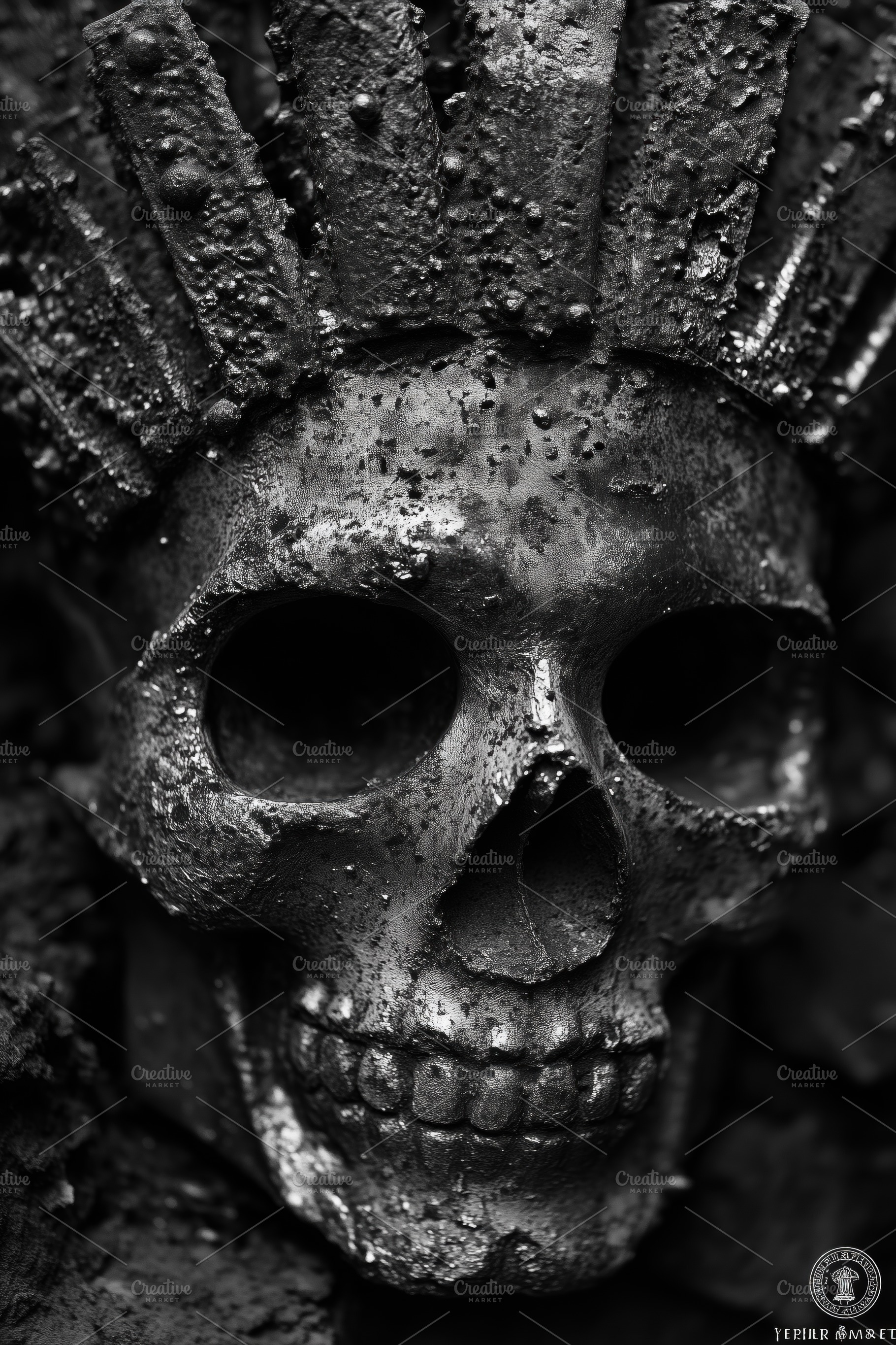 A close-up of a skull with a crown-like structure on top, covered in dark, text, a Person Photo by Textures & Backgrounds