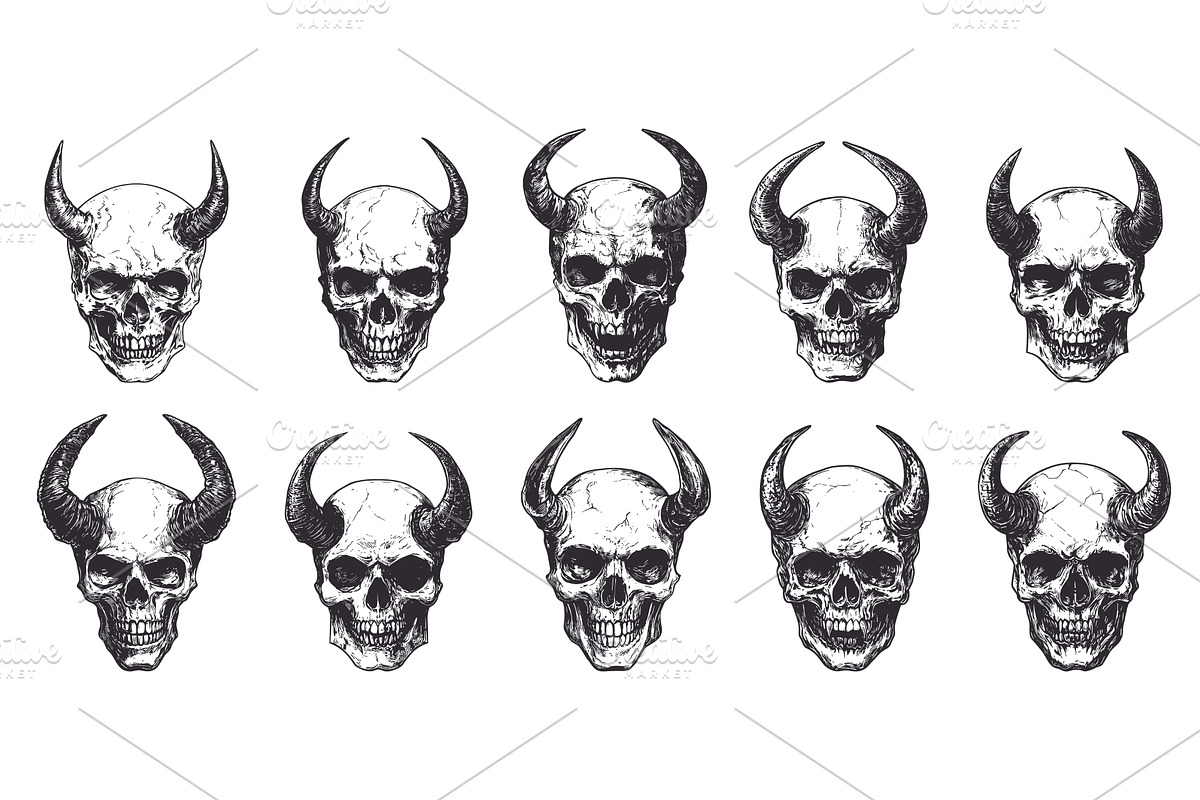 Skull with Horns Icons Set Black and, an Object Illustration by LadadikArt