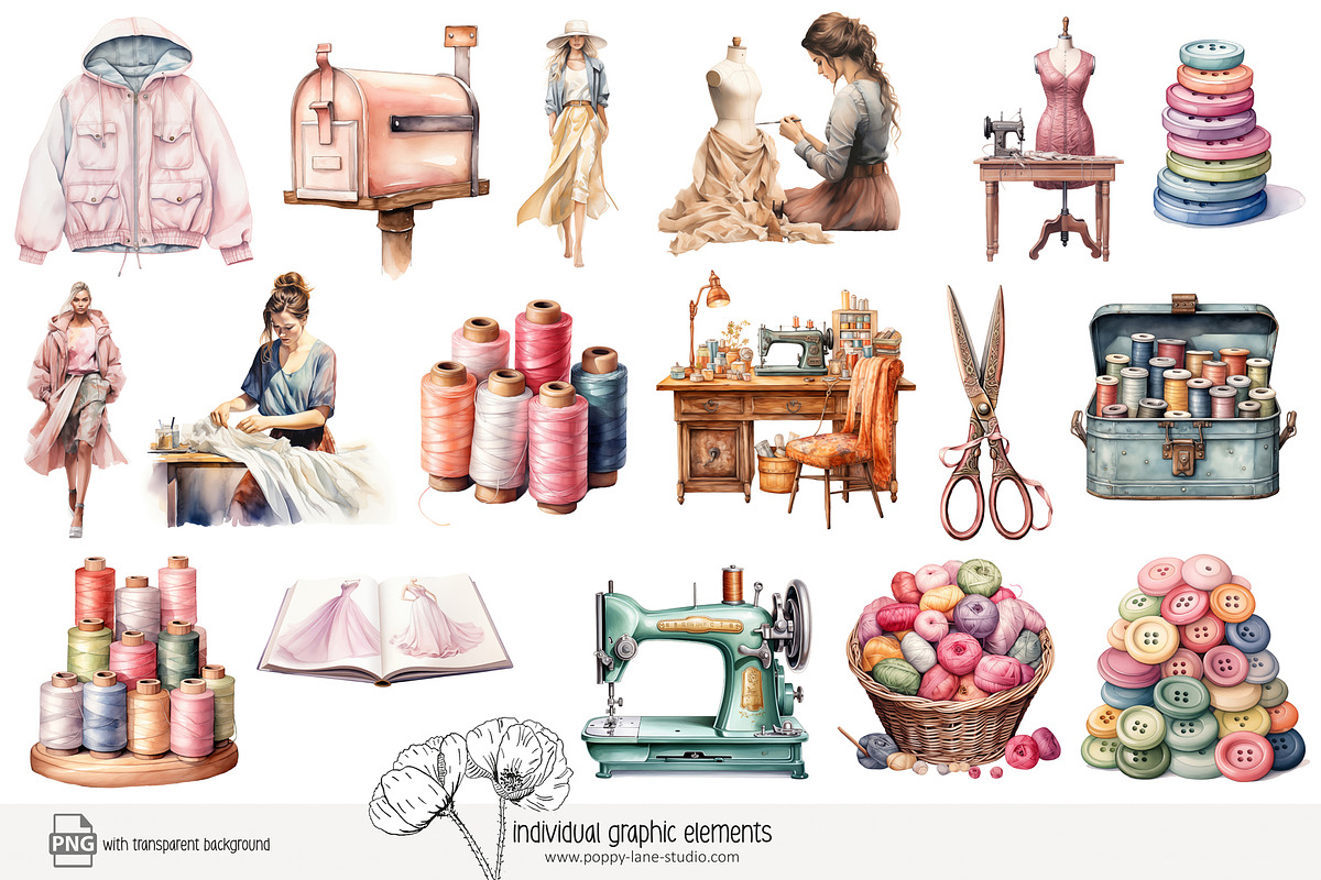 90 watercolour seamstress clip art, a Work Illustration by Poppy Lane Studio (Photo 7 of 11)