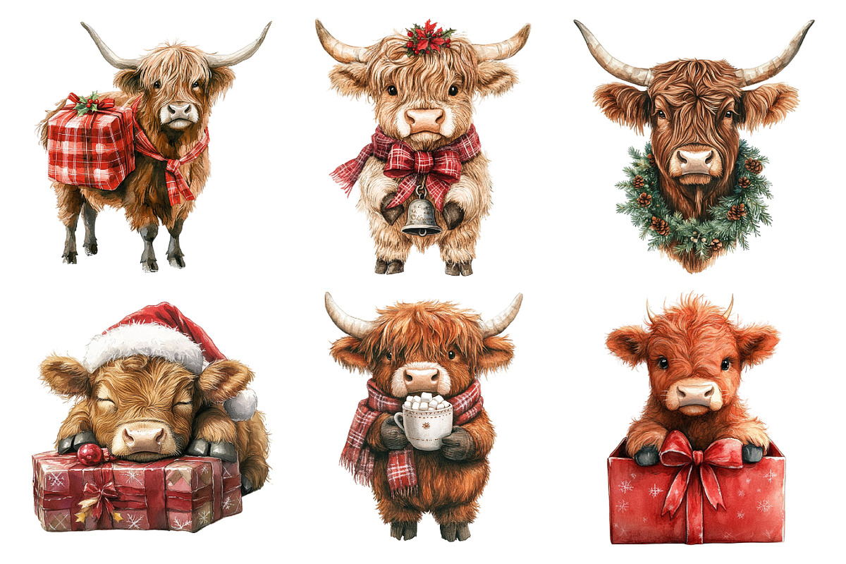 Christmas Highland Cow Clipart, an Illustration by Daily.Designs (Photo 3 of 5)