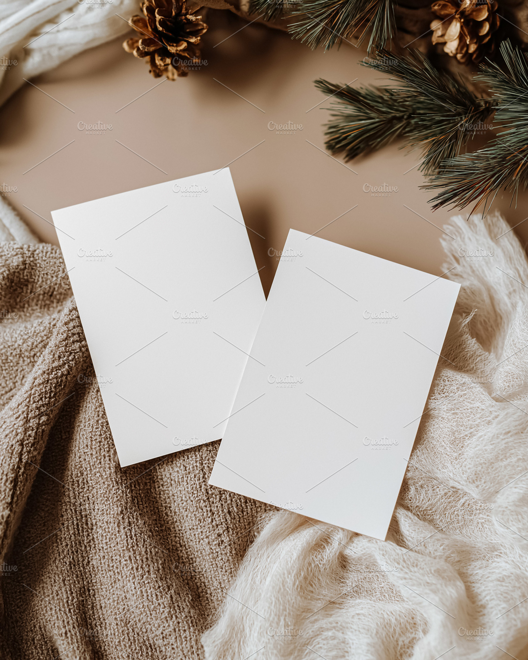 Blank vertical invitation cards mockup on cozy woolen knit and soft fabric with, a Holiday Photo by Studio ANNA