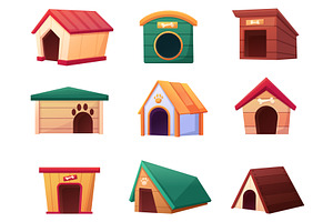 Cartoon dog houses. Different wooden