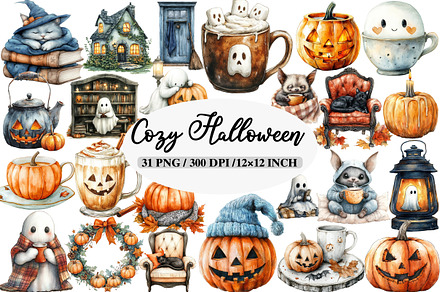 Watercolor Cozy Halloween Clipart, an Illustration by Daily.Designs