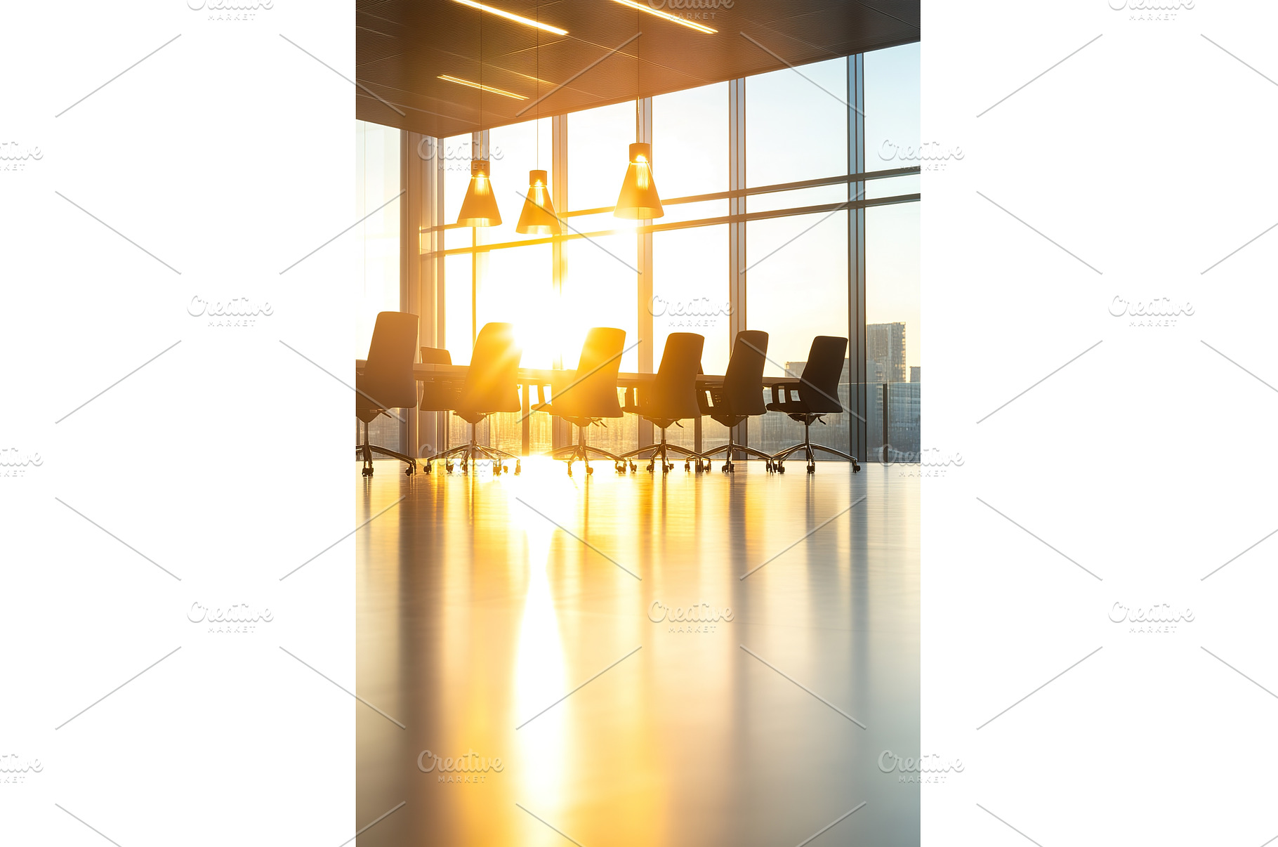 Modern conference room with sunlit, an Architecture Photo by Lermont51