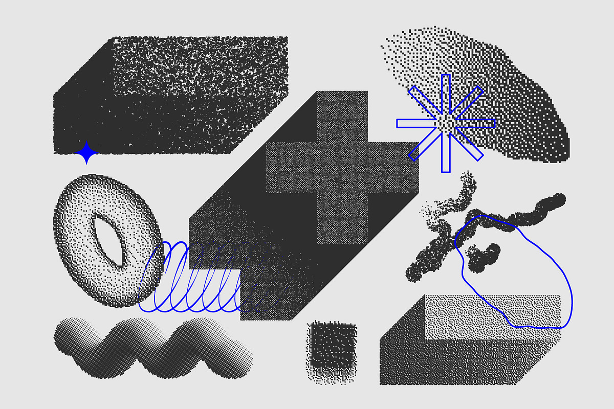 129 Vector Halftone Bitmap Shapes, a Background Graphic by softulka