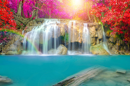 Huay mae kamin waterfall featuring waterfall, blue lagoon, and forest, a Nature Photo by Casanowe-studio