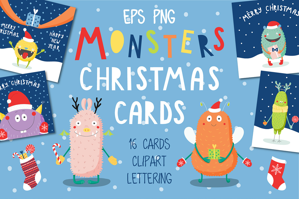 Cute Monsters Christmas Cards, a Seasonal Illustration by sceptical cactus (Photo 1 of 9)