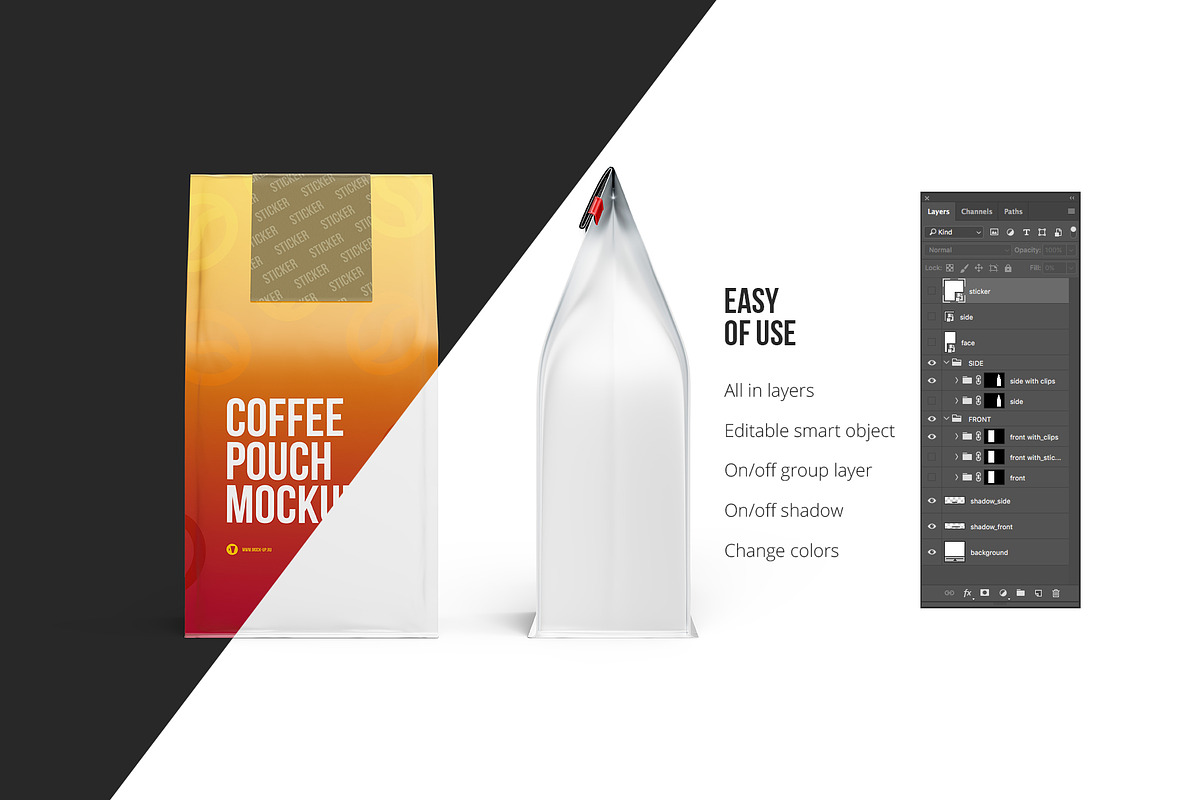 Coffee Pouch front and side view, a Packaging Mockup by easymock (Photo 3 of 8)
