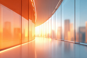 Modern interior with sunset reflections in glass, an Architecture Photo by AlyaAnd
