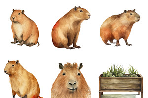 Watercolor Capybara Clipart Bundle