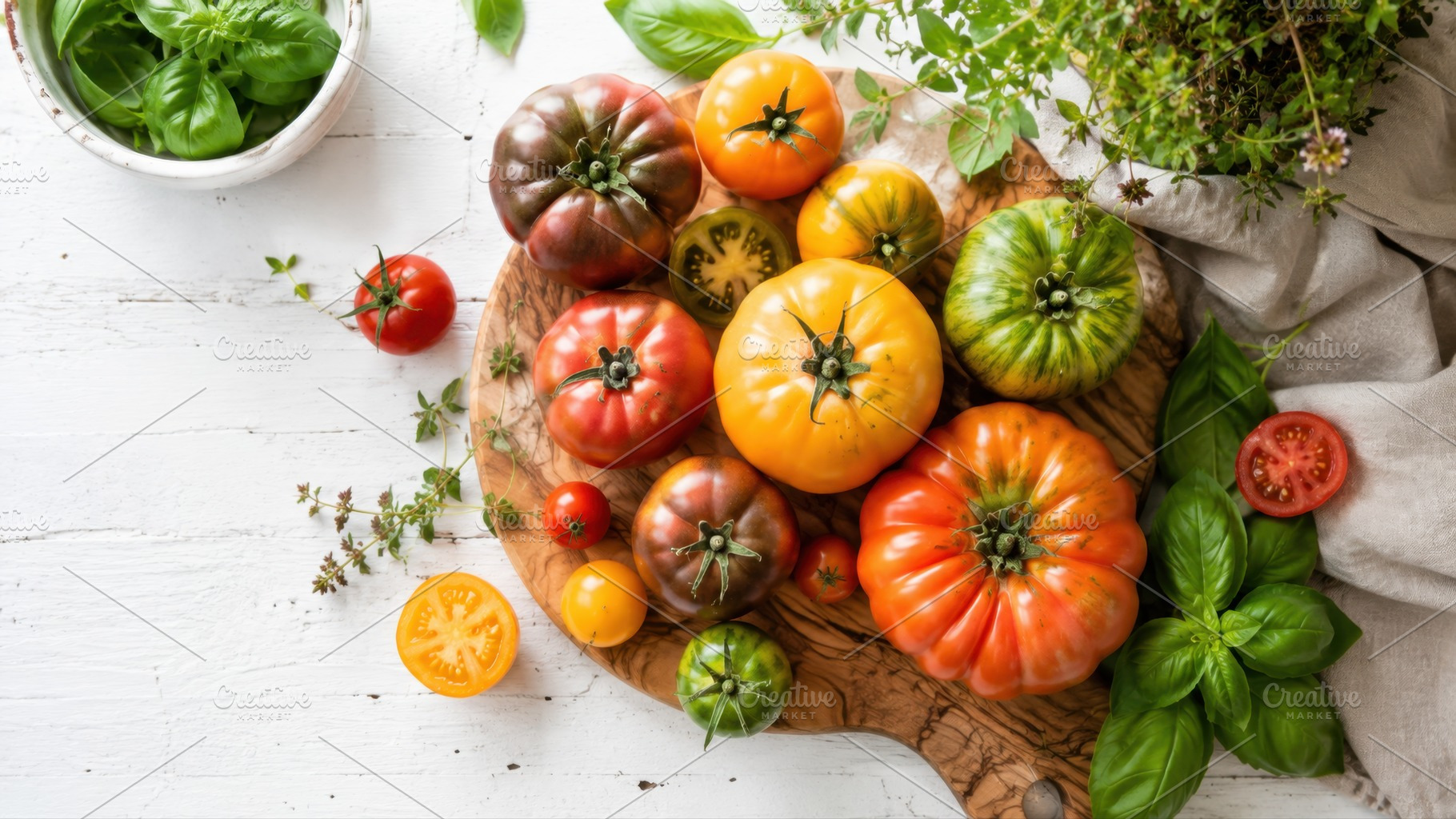 Tomatoes basil on wood, a Photo by Beautiful things