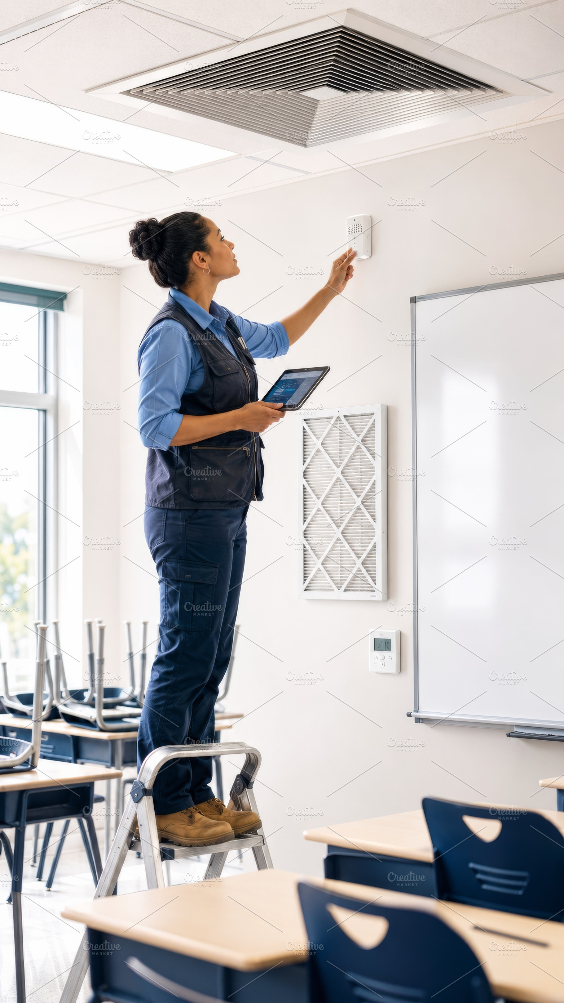 Woman inspecting school infrastructu, a Photo by Dvoevnore photos