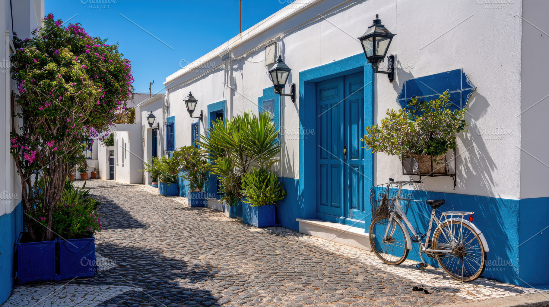 Blue-doored street with plants, a Photo by Beautiful things