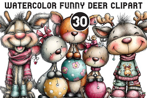 Watercolor Funny Deer Clipart, an Illustration by Black Bird Studio