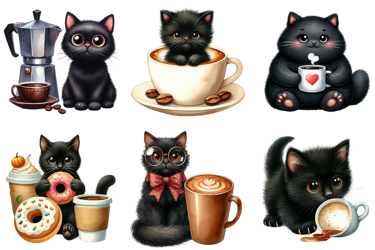 Cat Silhouette Love Coffee Clipart, an Illustration by Libby Wishes (Photo 3 of 12)