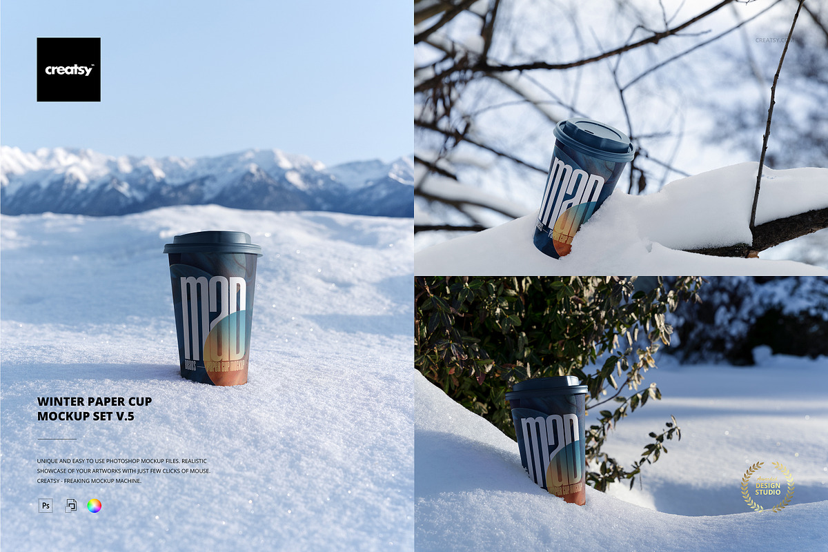 Winter Paper Cup Mockup Set v.5, a Cups & Container Mockup by creatsy5 (Photo 1 of 11)