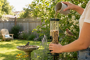 Birdwatching in garden with woman fe, a Photo by Dvoevnore photos