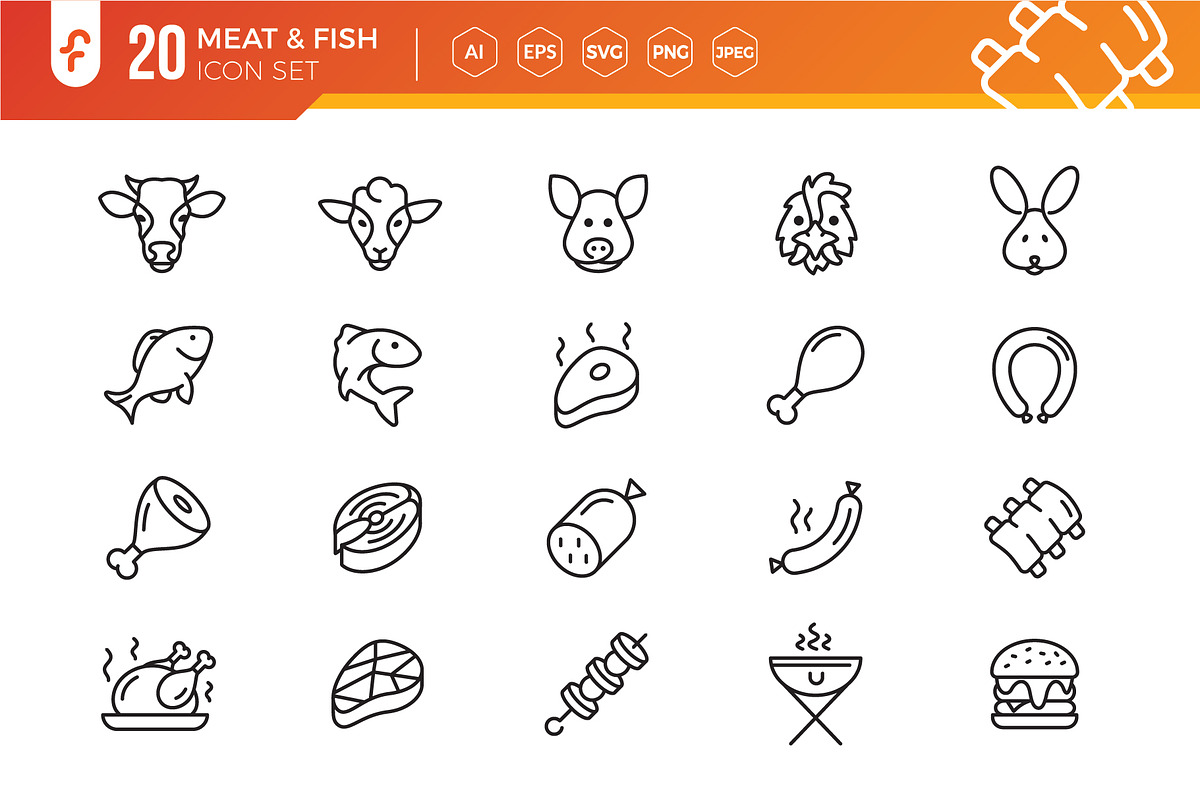 Meat and fish icon set, an Outline Icon by ft.studio