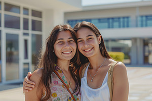 Portrait of mother and her daughter standing on blurred school b, a Person Photo by AlyaAnd