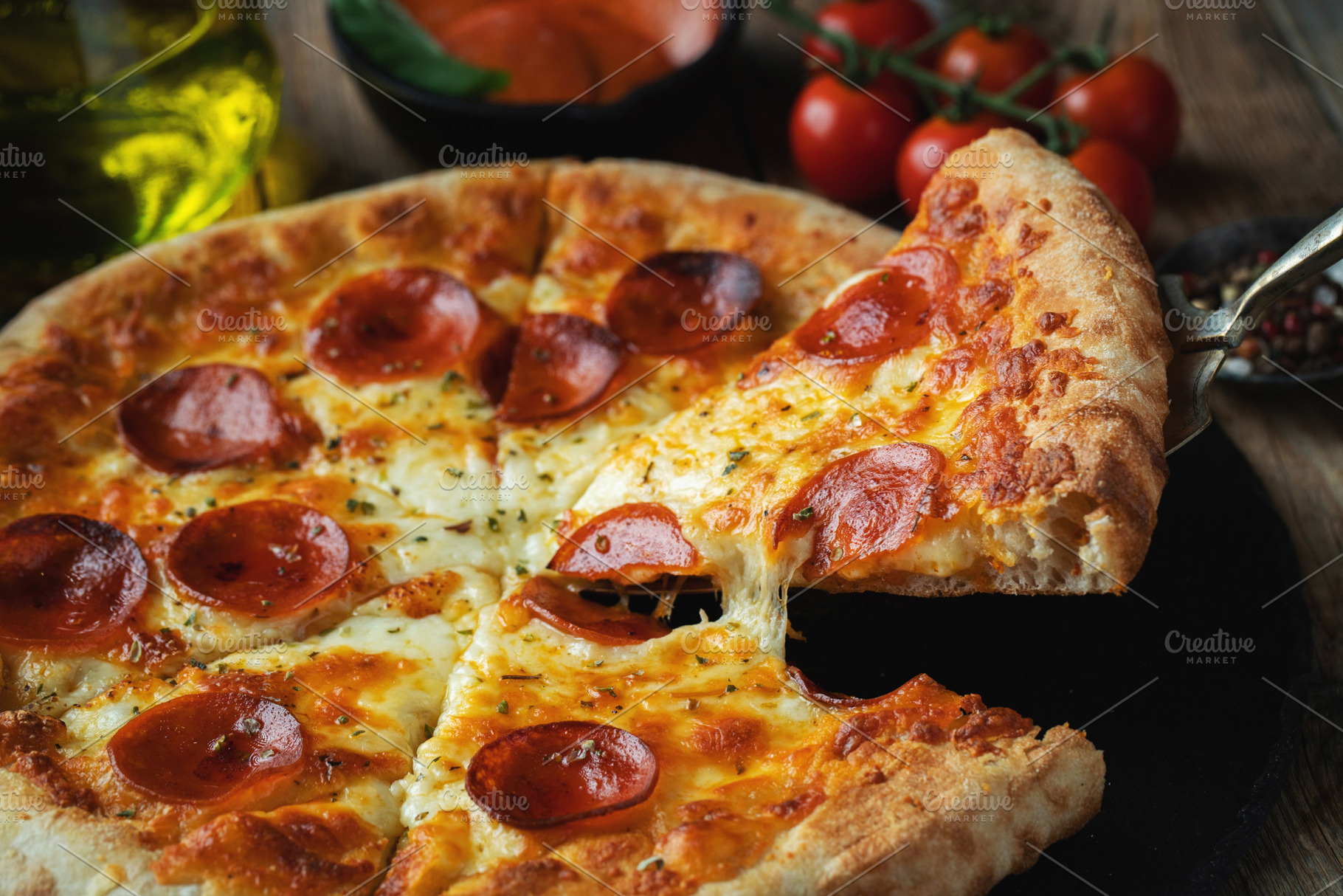 A slice of hot Italian pizza with stretching cheese. Pizza pepperoni on a dark, a Food & Drink Photo by Budarinphoto