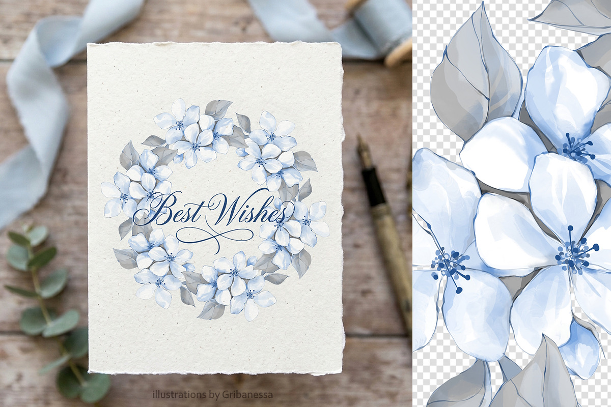 Blue Floral Patterns & Wreath Set, a Decorative Illustration by Gribanessa (Photo 2 of 4)
