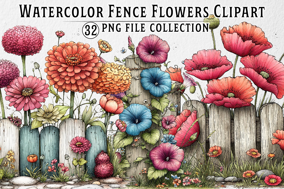 Watercolor Fence Flowers Clipart, an Illustration by Dream Creation (Photo 1 of 5)