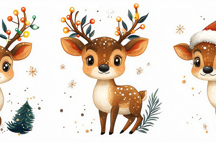 Adorable cartoon reindeer characters with festive antlers and Sa, a Holiday Photo by José Manuel Gelpi