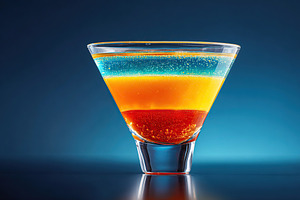 Colorful layered cocktail in a glass on a blue background, a Food & Drink Photo by AlyaAnd