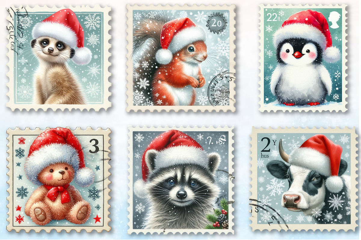 Christmas Animal Postage Stamps Clip, a Seasonal Illustration by Rose Art (Photo 3 of 7)
