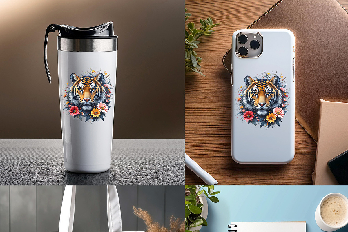 Tiger's head and colorful flowers., an Animal Illustration by yod67 (Photo 7 of 9)