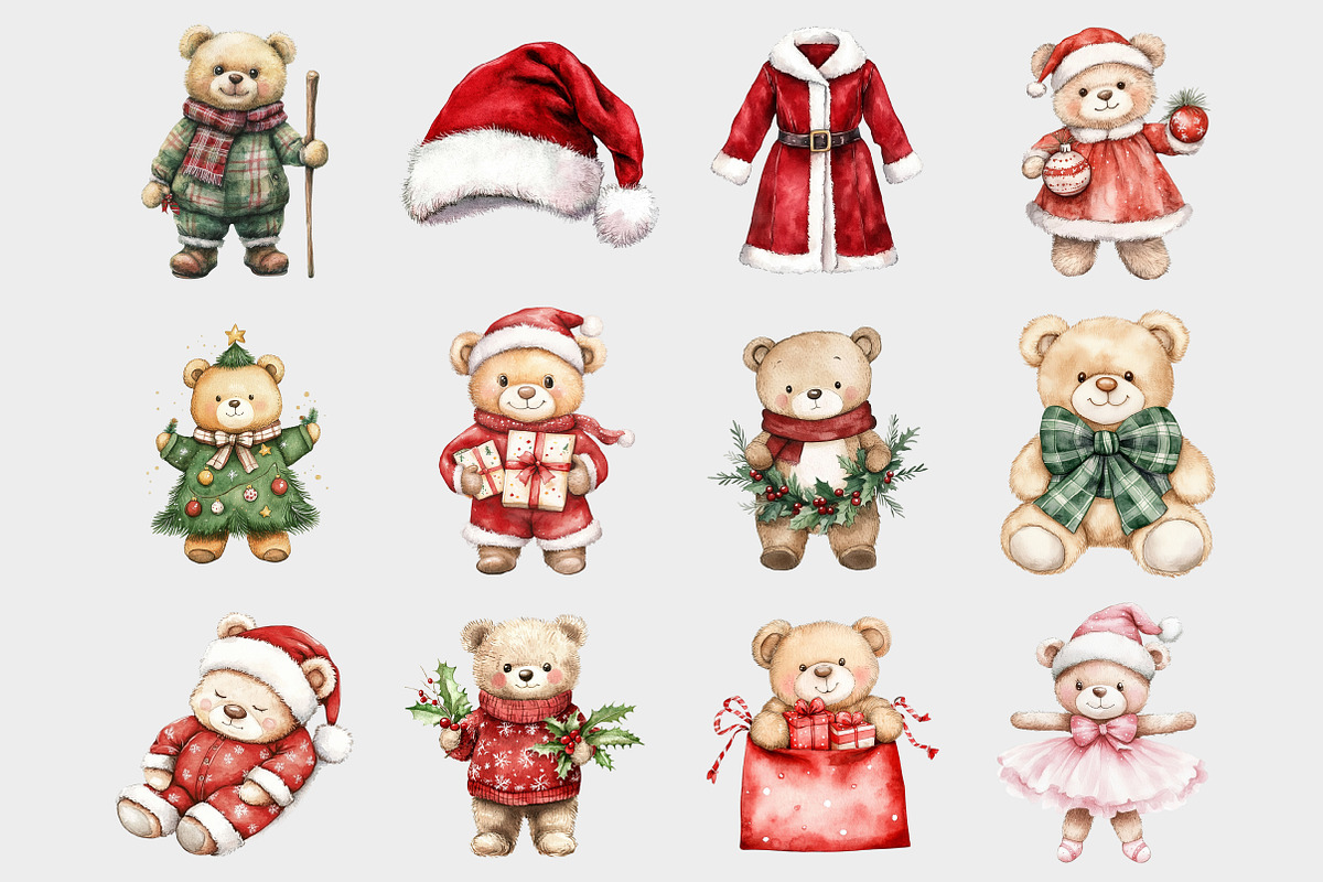 Watercolor Christmas Teddy Bears Cli, a Seasonal Illustration by Design Market (Photo 2 of 5)