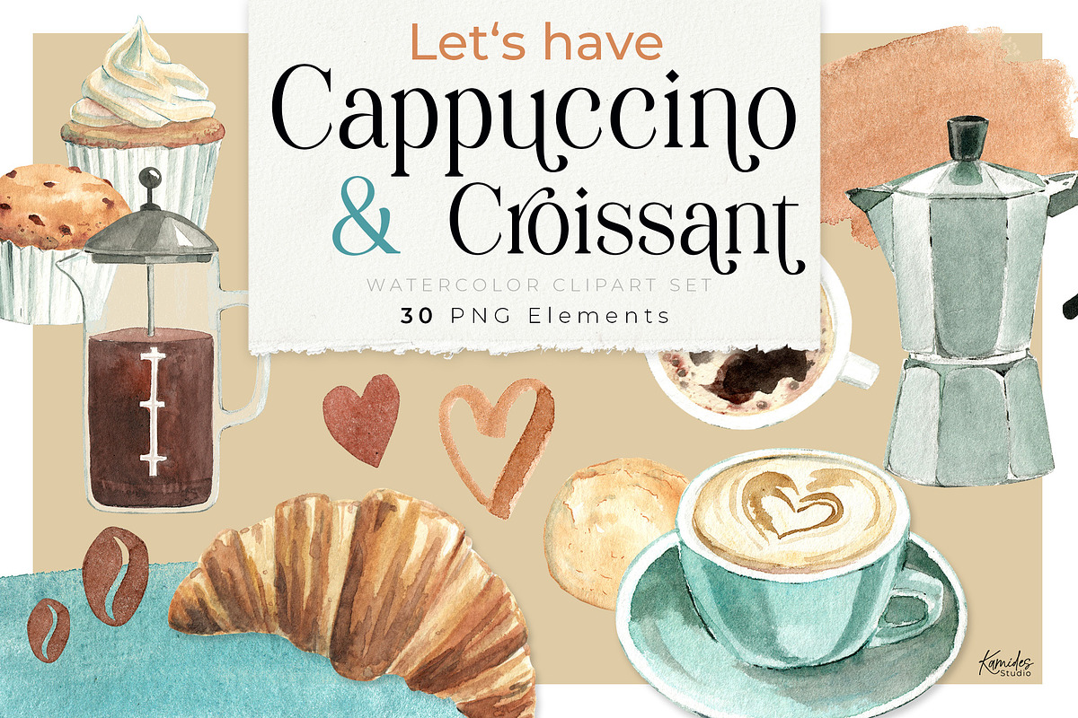 Watercolor Cappuccino & Croissant, a Food Illustration by Kamides (Photo 1 of 5)